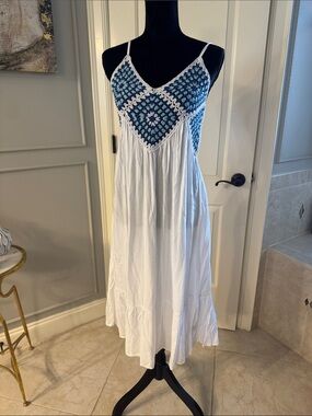 Raviya White Maxi Swim dress Coverup with Blue Crochet Yoke